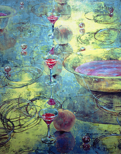 静物油彩 - ワイングラス、ボウル、りんご、針金、ビー玉、アルミ板