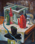 静物油彩 - ティーポット、ワインボトル、長靴、木製のイス、煙突の一部、布、ホース、テーブル