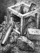 木炭デッサン - 鉄パイプ、角材、レンガ、石